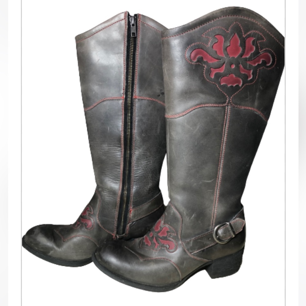 Handcrafted Born Western Style Boots, Montana Gray Charcoal Rojo Leather Size7.5